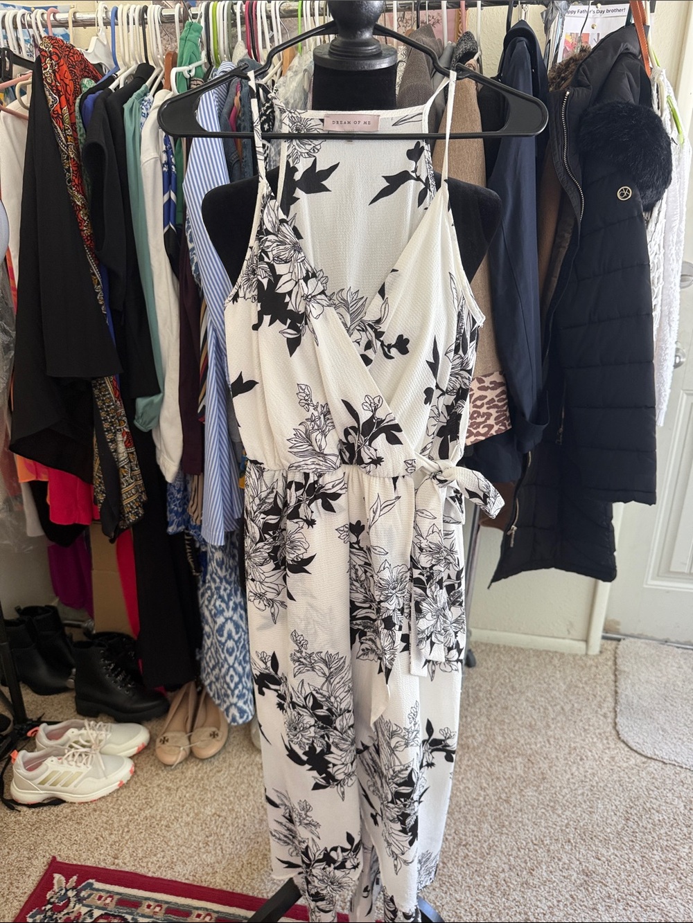 Sleeveless Black & White Floral Midi Wrap Dress